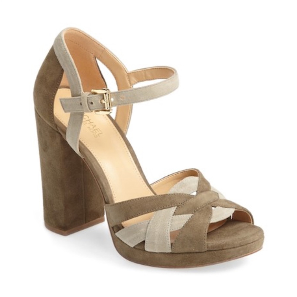 MICHAEL KORE ANNALIESE PEEP TOE BLOCK HEEL SUEDE SANDALS OLIVE GREEN 10